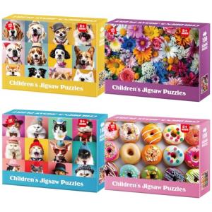 Jeacirio 100 Piece Puzzles for Kids Ages 4-8 - Dogs Flowers Donuts Cats Puzzles - Large Puzzle for Senior Jigsaw Puzzle for Kids Ages 4-6 6-8 8-10 Year Old Educational Toys Gifts 4-Pack 15"x11"