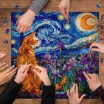 PICKFORU Stained Glass Puzzles: 1000 Pieces, Adults' Cat Lovers' Jigsaw Puzzle - Purple Iris Flowers, Starry Night, Moonlit Cat Flower