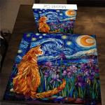 PICKFORU Stained Glass Puzzles: 1000 Pieces, Adults' Cat Lovers' Jigsaw Puzzle - Purple Iris Flowers, Starry Night, Moonlit Cat Flower
