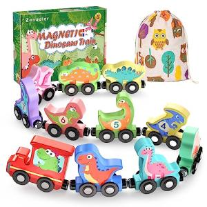 Zeoddler Toys for Toddlers, 11 Magnetic Wooden Dinosaur Train Set, Montessori Toys for Toddlers, Preschool Educational Material for Kids, Birthday Gifts for Boys, Girls