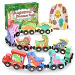 Zeoddler Toys for Toddlers, 11 Magnetic Wooden Dinosaur Train Set, Montessori Toys for Toddlers, Preschool Educational Material for Kids, Birthday Gifts for Boys, Girls