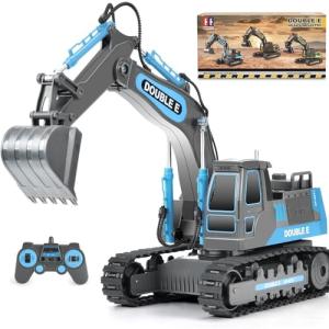 DOUBLE E Remote Control Excavator Toy RC Excavators Rechargeable Battery Digger Hydraulic Construction Toys Vehicles Xmas Gift for Boys Girls Kids 3-14 Years，Gray-Blue