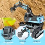 DOUBLE E Remote Control Excavator Toy RC Excavators Rechargeable Battery Digger Hydraulic Construction Toys Vehicles Xmas Gift for Boys Girls Kids 3-14 Years，Gray-Blue