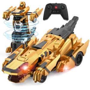 Kroyedfuw Dinosaur Transform Rc Cars, 2.4Ghz Remote Control Car Transforming Robot with Flashing Light, 360° Rotation One Button Deformation Car Toy Gifts for Boys Age 4-7 8-12