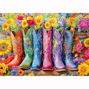 Beautiful Boots and Flowers Puzzles for Adults 1000 Pieces Funny Colorful Vintage Artwork Vibrant Jigsaw Puzzles 1000 Pieces Challenging Family Puzzle with Letters on Back Gift for Boys and Girls