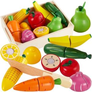HERSITY Wooden Play Food Set Cutting Fruits and Veggies Toys for Toddlers 1-3, Pretend Play Kitchen Accessories Montessori Educational Toys Gifts for Kids Boys Girls 18 Months+