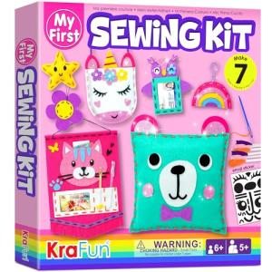 KRAFUN My First Sewing Kit for Beginner Kids Arts & Crafts, 7 Easy DIY Projects of Stuffed Animal Dolls and Plush Pillow Craft, Instructions & Felt, Gift for Girls, Boys, Learn to Sew, Embroidery