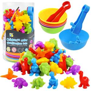 RAEQKS Counting Sorting Dinosaur Toys Montessori Sensory Matching Toy with Bowls Preschool Learning Activities Educational Stacking STEM Game Animals Gifts Sets for Kids Aged 3+ Years Old Boys Girls