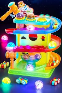Funwee 2-in-1 Rolling Ball & Racing Car Ramp Toy for Toddlers, Race Track Hammer Lights Ball Drop, Interactive Montessori Learning Game Birthday Gift Idea for Kids 2 3 4 5+Year Old Girl Boy(Yellow)