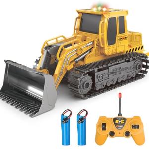 Jiakora Remote Control Front Loader - Metal Shovel, LED Working Lights, Music & 2 Rechargeable Batteries, Construction Toys for Boys Age 4 5 6 7 8 Birthday Gift