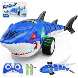Kikikid Remote Control Shark Toys, RC Shark Cars with Led Light, Rechargeable RC Robot Toy for Kids, 360° Rotating & Swinging Tail, Birthday Gifts for Girls Boys Age 3-5 5-7 8-10