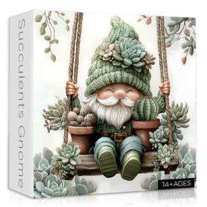 Cute Gnome Puzzles for Adults 1000 Piece, Nature Cactus Succulent Plant Themed, Funny Spring Gnome Jigsaw Puzzles Challenging
