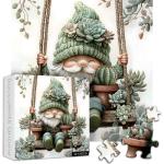Cute Gnome Puzzles for Adults 1000 Piece, Nature Cactus Succulent Plant Themed, Funny Spring Gnome Jigsaw Puzzles Challenging