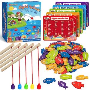 BAYSING Wooden Magnetic Sight Word Fishing Game for Toddlers, Alphabet Fish Catching Games Puzzle with Letters, Homeschool Sight Word Educational Toy for Age of 3,4,5,6 Year Old Kids, Boys & Girls