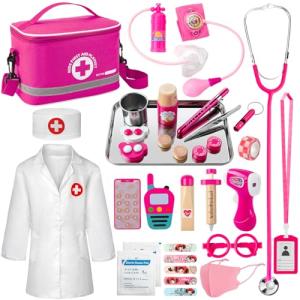 EFO SHM Doctor Kit for Kids Girls, 34 Pcs Kids Doctor Kit for Toddlers 3-5 with Medical Storage Bag & Real Stethoscope, Pretend Play Set for Boys Girls Fun Role Playing Game