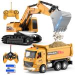 MQDMINI Remote Control Excavator and Dump Truck Toy Set - RC Construction Vehicles Toy with Barricades, Road Signs, Simulated Rocks, Lights and Sounds, Present for Toddlers 3-12 Year Boys Girls