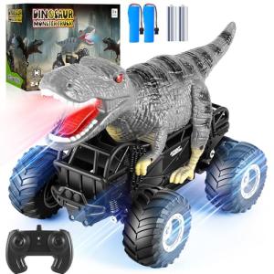 Manercey Remote Control Car, 2.4GHz 1:18 RC Cars with Light, 98FT 8KM/H 2-Rechargeable Battery, All Terrain Monster Remote Control Truck Toy, Christmas, Dinosaur Monster Trucks for Boy Age 4-7, Kid 6+