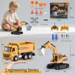 MQDMINI Remote Control Excavator and Dump Truck Toy Set - RC Construction Vehicles Toy with Barricades, Road Signs, Simulated Rocks, Lights and Sounds, Present for Toddlers 3-12 Year Boys Girls