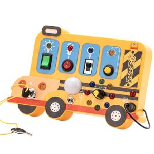 BXKX Montessori Busy Board, Toddler Learning Toys Educational Gift with LED Light Switches, Music, Locks, School Bus Shape, Busy Board Montessori Toys for Toddlers 1-3 Year Old Gifts