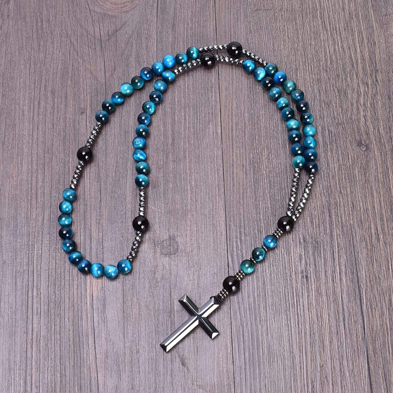 Blue Tiger's Eye Obsidian Necklace with Hematite Cross