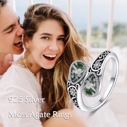 POPLYKE Sterling Silver Moss Agate Filigree Spoon Ring
