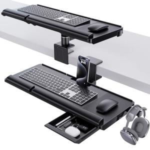Klearlook Upgraded Adjustable Keyboard Tray for Above Desk & Under Desk Use - Ergonomic Sit-Stand Keyboard Riser with 360° Rotation, 24.4"×10" Keyboard Stand with Wrist Rest & Storage Drawer - Black