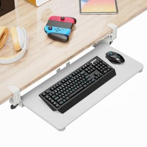 Zontera Large Keyboard Tray That Slides Out from Under The Desk, Pull Out with Adjustable C-clamp, 25.6 (31.5 Including Clamps) x 11.8 Inch Computer Keyboard Drawer Mouse Tray for Typing, White