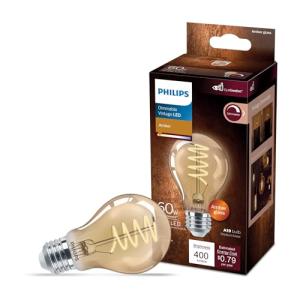 PHILIPS LED 60W A19 1-Pack Vintage Edison Spiral Amber (2000K) 400 Lumen (6.5W = 60W) Dimmable Flicker-Free Light Bulb