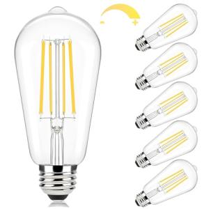 Brightever Edison Light Bulbs 60W Equivalent, Dimmable Vintage LED Bulbs, 7W, 850LM, 90+CRI, E26 LED Light Bulb 2700K Warm White, ST58 Clear Glass Antique Decorative Filament Bulb for Room, 6-Pack