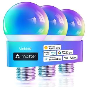 Linkind Matter Smart Light Bulb, Smart Bulbs Work with Apple Home, Siri, Alexa, Google Home, SmartThings, Color Changing Light Bulbs RGTBW Music Sync, Mood Lights, 2.4Ghz WiFi A19 E26 60W 800LM 3 Pack