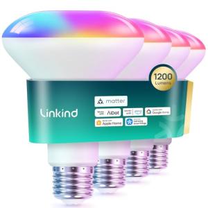 Linkind Matter Smart Light Bulb,1200LM 85W BR30 Smart Flood Light Bulbs Work with Alexa, Apple Home, Google Home, RGBTW Recessed Color Changing Bulbs E26, 2.4GHz Only WiFi Light Bulbs LED, 4Pack