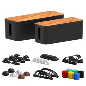 2 Pack Wooden Cable Management Box with Clips
