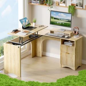 Bestier 55-Inch L Shaped Lift Desk - Natural Oak
