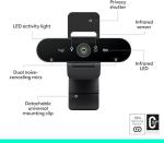 Logitech Brio 4K Webcam, Video Calling, Noise-Cancelling mic, HD Auto Light Correction, Wide Field of View, Works with Microsoft Teams, Zoom, Google Voice, Google Meet, PC/Mac/Laptop/MacBook/Tablet