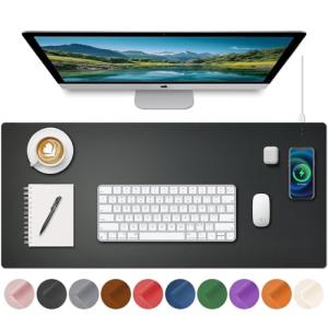 Desk Mat with Wireless Charging, Black Mouse Pad with Wireless Charger, Desk Pad Matt for Desktop, Mousepad Gaming Large Mouse Pad, Leather Compute for Keyboard and Mouse, 32" x 16"
