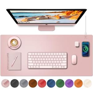 Desk Mat with Wireless Charging, Pink Mouse Pad with Wireless Charger, Desk Pad Matt for Desktop, Mousepad Gaming Large Mouse Pad, Leather Compute for Keyboard and Mouse, 32" x 16"