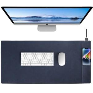 Hi-HONX Magnetic Wireless Charging Desk Pad, Office Desk Mat with Wireless Charger, Waterproof and Scratch-Resistant Large Mouse Mat, Microfiber Leather Mouse Pad for Office and Home Use, Blue Color
