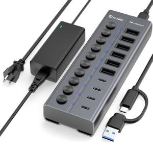 Xiaobi Powered USB Hub, 10-Port USB C Hub with 6 USB-A 3.2, 4 USB-C 3.2 Ports, Individual Switches and 12V/5A Power Adapter, Aluminum USB Extension for MacBook, Laptop/PC and More.