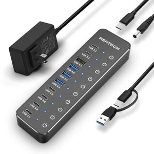RSHTECH 10 Ports Powered USB 3.2/USB C Hub Splitter 60W with 3 x 10Gbps USB 3.2 Ports (2C + 1A),7 x USB 3.0 Ports (4C +3A), 3.3ft Cable and Individual Touch Switches for Laptop PC