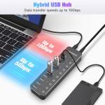 10-Port USB Hub with Touch Switches and Fast Charging