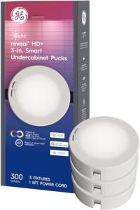 GE Cync Reveal HD+ Smart Undercabinet Puck Light Fixtures, Color Changing Undercab Puck Lights, Smart Wi-Fi Kitchen Lights, Works with Alexa and Google Home, 3-in (3 Pack)