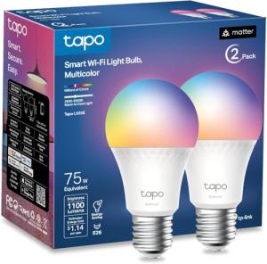 TP-Link Tapo Smart Light Bulbs, 1100 Lumens High Brightness (75W Equivalent), Matter-Certified, 16M Colors WiFi Light Bulb, Dimmable, Works w/Siri, Alexa & Google Home, A19 E26, Tapo L535E(2-Pack)