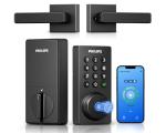 Philips WiFi Keypad Door Lock with Handle, Built-in WiFi, APP/Voice/Fingerprint/Passcode/Key Unlock, Smart Lock for Front Door, Complete Front Door Lock Set, Keyless Entry, Digital Deadbolt, Auto-Lock