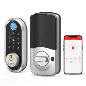 Smart Keyless Entry Door Lock - SMONET Fingerprint Electronic Deadbolt Touchscreen Keypad Biometric Digital Bluetooth Door Lock Smart Deadbolt Compatible with Alexa for Homes and Hotel Silver