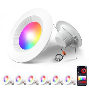 Amico 6 Pack 5/6 Inch Smart WiFi LED Recessed Can Lights, RGBCW Color Changing Retrofit Recessed Lighting, Baffle Trim, APP Control, Dimmer Compatible, 12W=110W 1100LM, IC & ETL