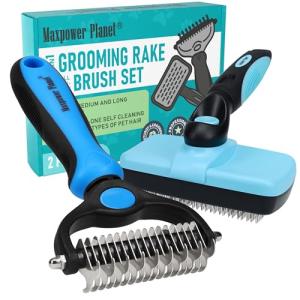 Maxpower Planet Dog Rake and Dog Hair Brush - Gently Removes Loose Undercoat, Mats and Tangled - Deshedding Grooming Tool for Dogs & Cats - Self Cleaning Slicker Brush - All Hair Types