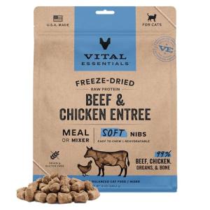 Vital Essentials Freeze-Dried Raw Beef & Chicken Meal or Mixer Cat Food Soft Nibs | 99% Beef, Chicken, Organs & Bone | 12 oz