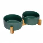 SPUNKYJUNKY Ceramic Dog and Cat Bowl with Wood Stand Non-Slip Matte Glaze Weighted Food Water Set for Cat Medium Dog 28.7 OZ