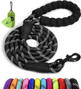Taglory Rope Dog Leash 6 FT with Comfortable Padded Handle, Highly Reflective Threads Leash for Medium Large Dogs, 1/2 inch, Black