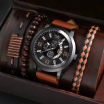 4pc Retro Men Quartz Watch and Fashion Bracelet Gift Set Holiday Gift New Brown